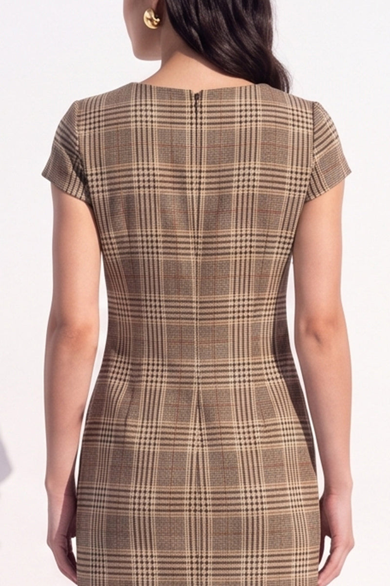 Load image into Gallery viewer, Coffee Grid V-Neck Tight Cap Sleeves Short Work Dress with Bow
