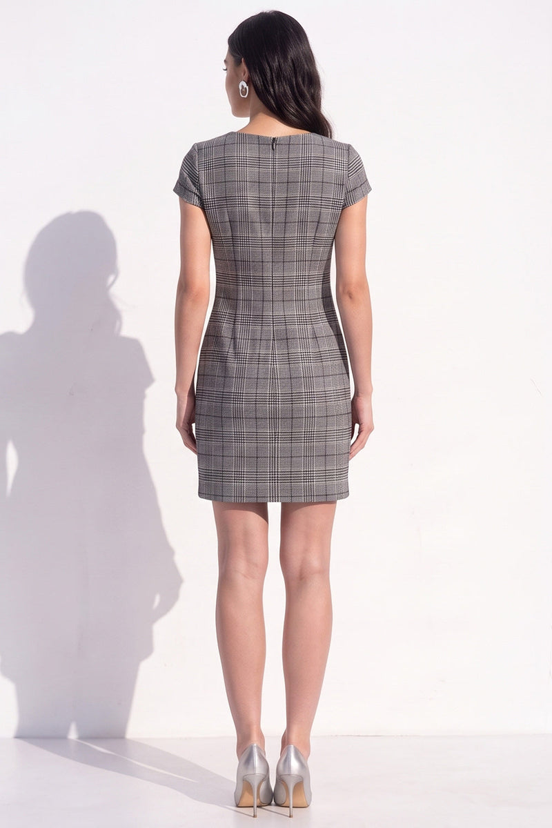 Load image into Gallery viewer, Coffee Grid V-Neck Tight Cap Sleeves Short Work Dress with Bow
