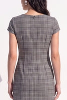 Load image into Gallery viewer, Coffee Grid V-Neck Tight Cap Sleeves Short Work Dress with Bow