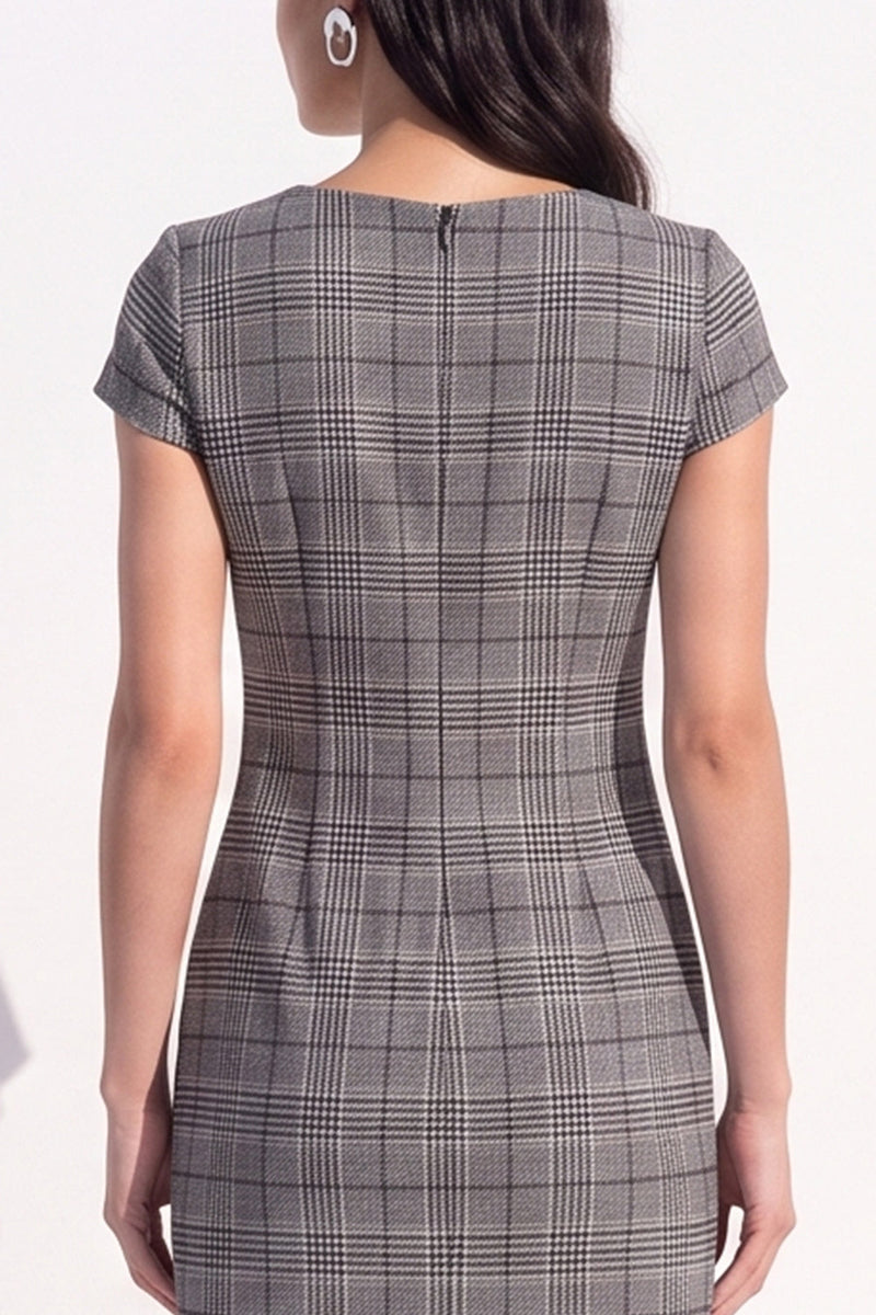 Load image into Gallery viewer, Coffee Grid V-Neck Tight Cap Sleeves Short Work Dress with Bow