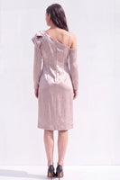 Load image into Gallery viewer, White Asymmetrical Neck Satin Bodycon Midi Work Dress with Bow
