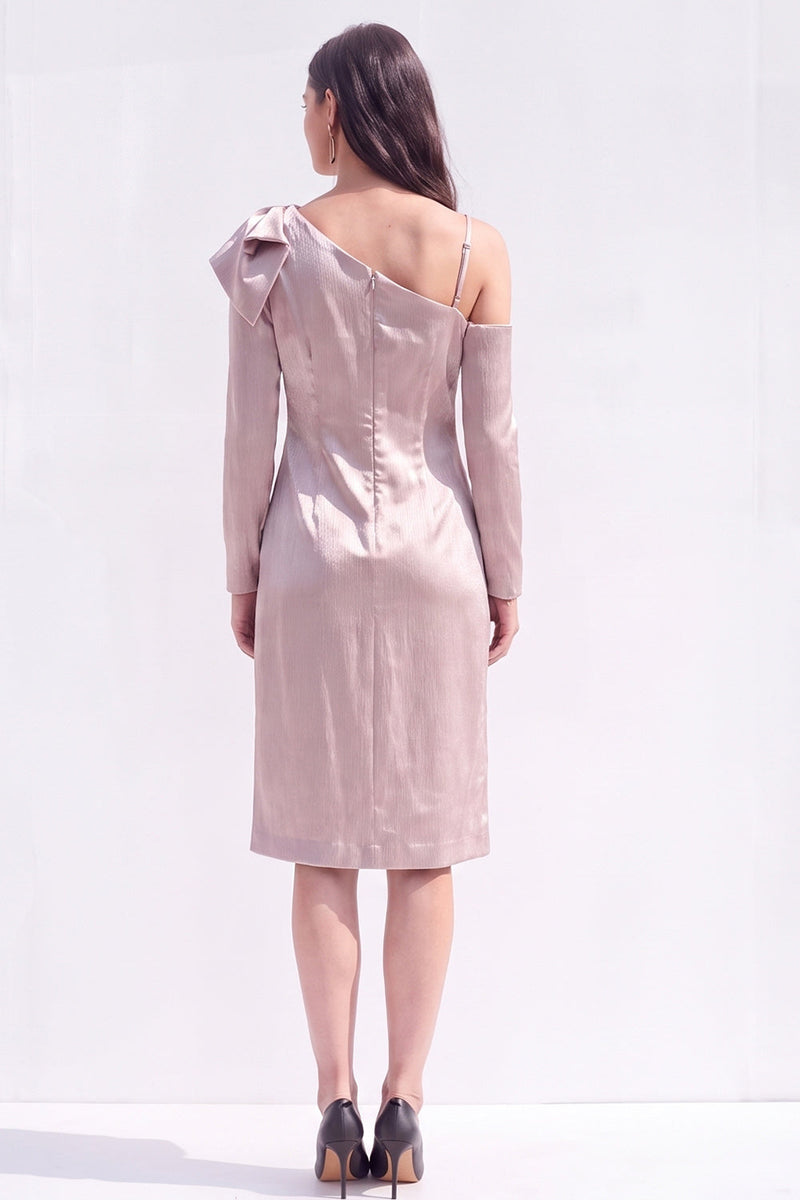 Load image into Gallery viewer, White Asymmetrical Neck Satin Bodycon Midi Work Dress with Bow