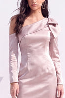 Load image into Gallery viewer, White Asymmetrical Neck Satin Bodycon Midi Work Dress with Bow