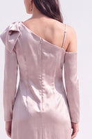 Load image into Gallery viewer, White Asymmetrical Neck Satin Bodycon Midi Work Dress with Bow