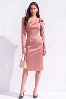 Load image into Gallery viewer, White Asymmetrical Neck Satin Bodycon Midi Work Dress with Bow