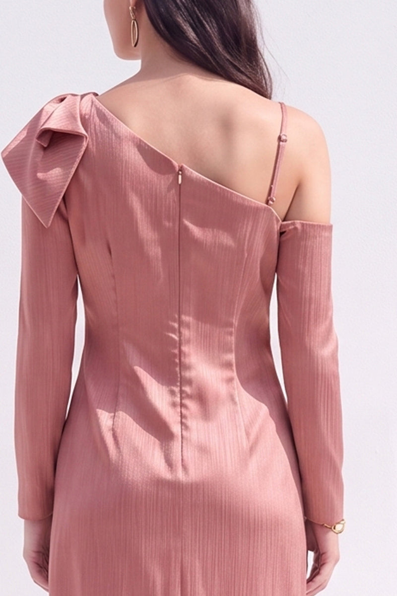 Load image into Gallery viewer, White Asymmetrical Neck Satin Bodycon Midi Work Dress with Bow