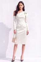 Load image into Gallery viewer, White Asymmetrical Neck Satin Bodycon Midi Work Dress with Bow