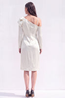 Load image into Gallery viewer, White Asymmetrical Neck Satin Bodycon Midi Work Dress with Bow