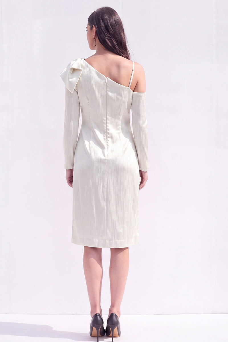 Load image into Gallery viewer, White Asymmetrical Neck Satin Bodycon Midi Work Dress with Bow