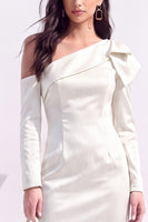 Load image into Gallery viewer, White Asymmetrical Neck Satin Bodycon Midi Work Dress with Bow