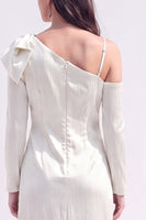 Load image into Gallery viewer, White Asymmetrical Neck Satin Bodycon Midi Work Dress with Bow