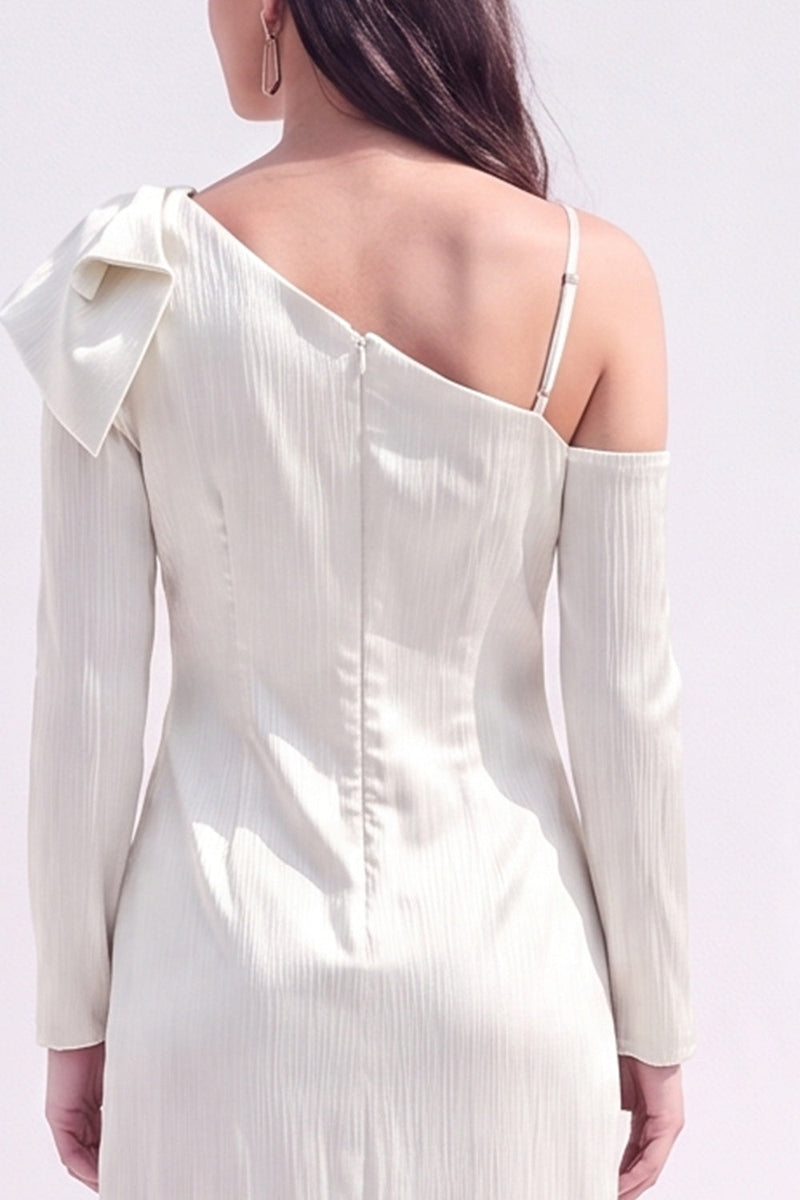 Load image into Gallery viewer, White Asymmetrical Neck Satin Bodycon Midi Work Dress with Bow