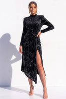 Load image into Gallery viewer, Pink Sparkly Sequin Velvet Bodycon High Neck Midi Work Dress with Slit