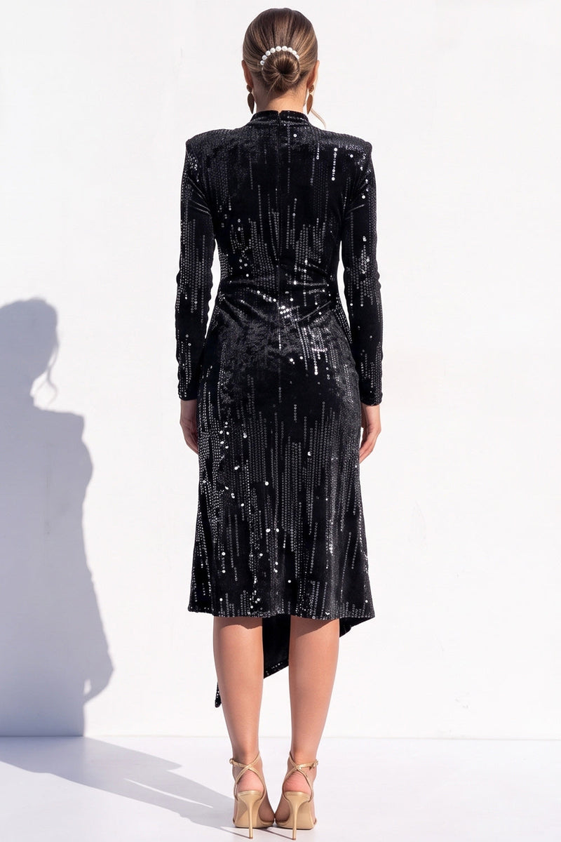 Load image into Gallery viewer, Pink Sparkly Sequin Velvet Bodycon High Neck Midi Work Dress with Slit