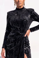 Load image into Gallery viewer, Pink Sparkly Sequin Velvet Bodycon High Neck Midi Work Dress with Slit