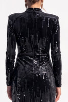 Load image into Gallery viewer, Pink Sparkly Sequin Velvet Bodycon High Neck Midi Work Dress with Slit