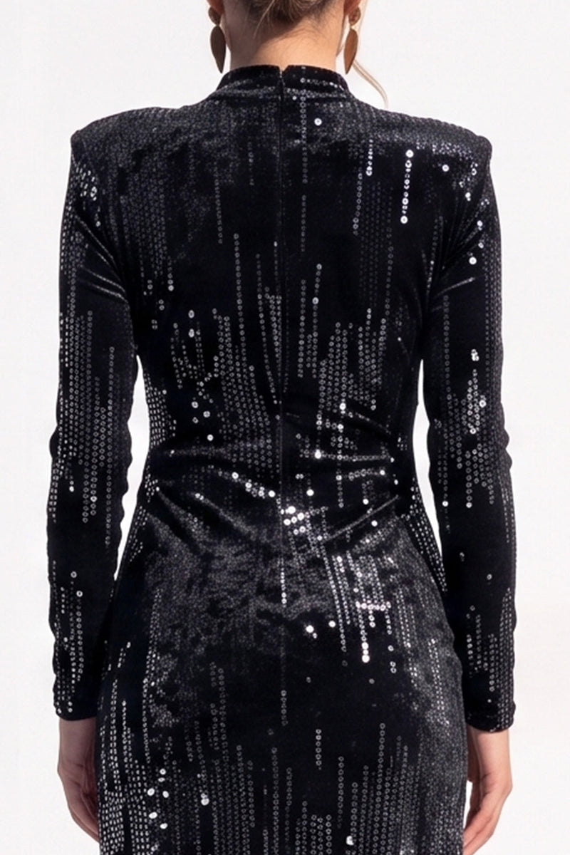 Load image into Gallery viewer, Pink Sparkly Sequin Velvet Bodycon High Neck Midi Work Dress with Slit