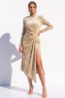 Load image into Gallery viewer, Pink Sparkly Sequin Velvet Bodycon High Neck Midi Work Dress with Slit