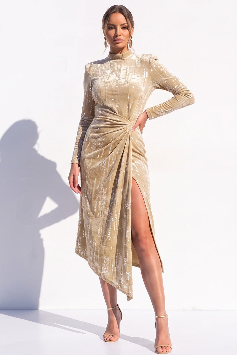 Load image into Gallery viewer, Pink Sparkly Sequin Velvet Bodycon High Neck Midi Work Dress with Slit