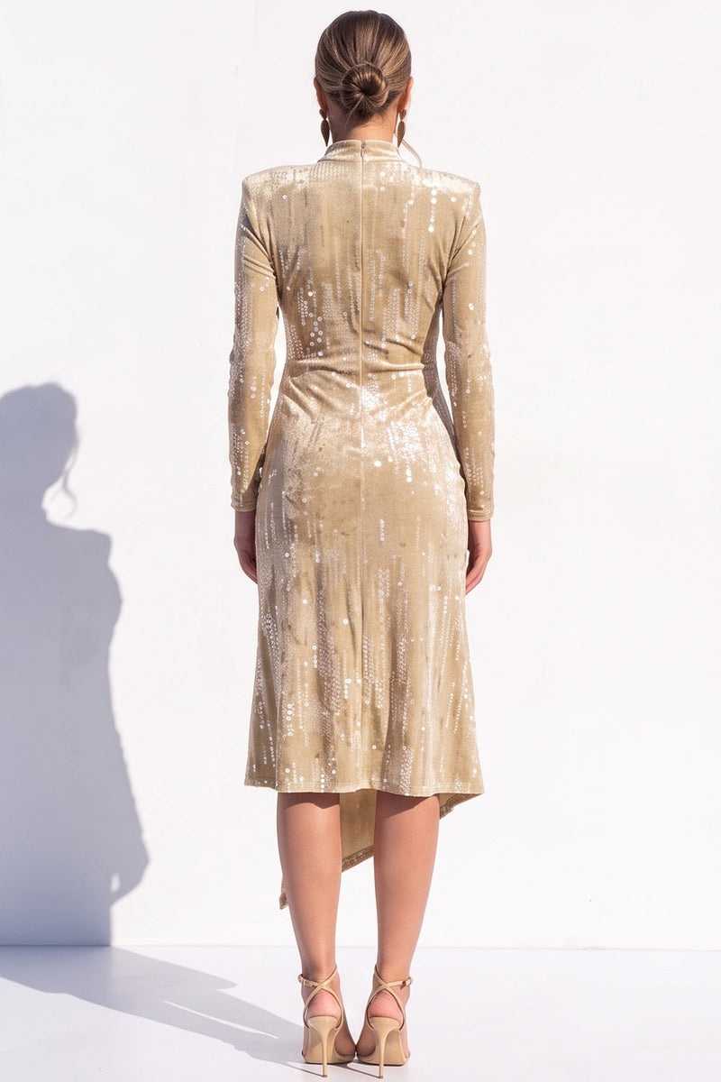 Load image into Gallery viewer, Pink Sparkly Sequin Velvet Bodycon High Neck Midi Work Dress with Slit