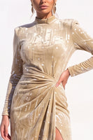 Load image into Gallery viewer, Pink Sparkly Sequin Velvet Bodycon High Neck Midi Work Dress with Slit