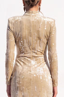 Load image into Gallery viewer, Pink Sparkly Sequin Velvet Bodycon High Neck Midi Work Dress with Slit