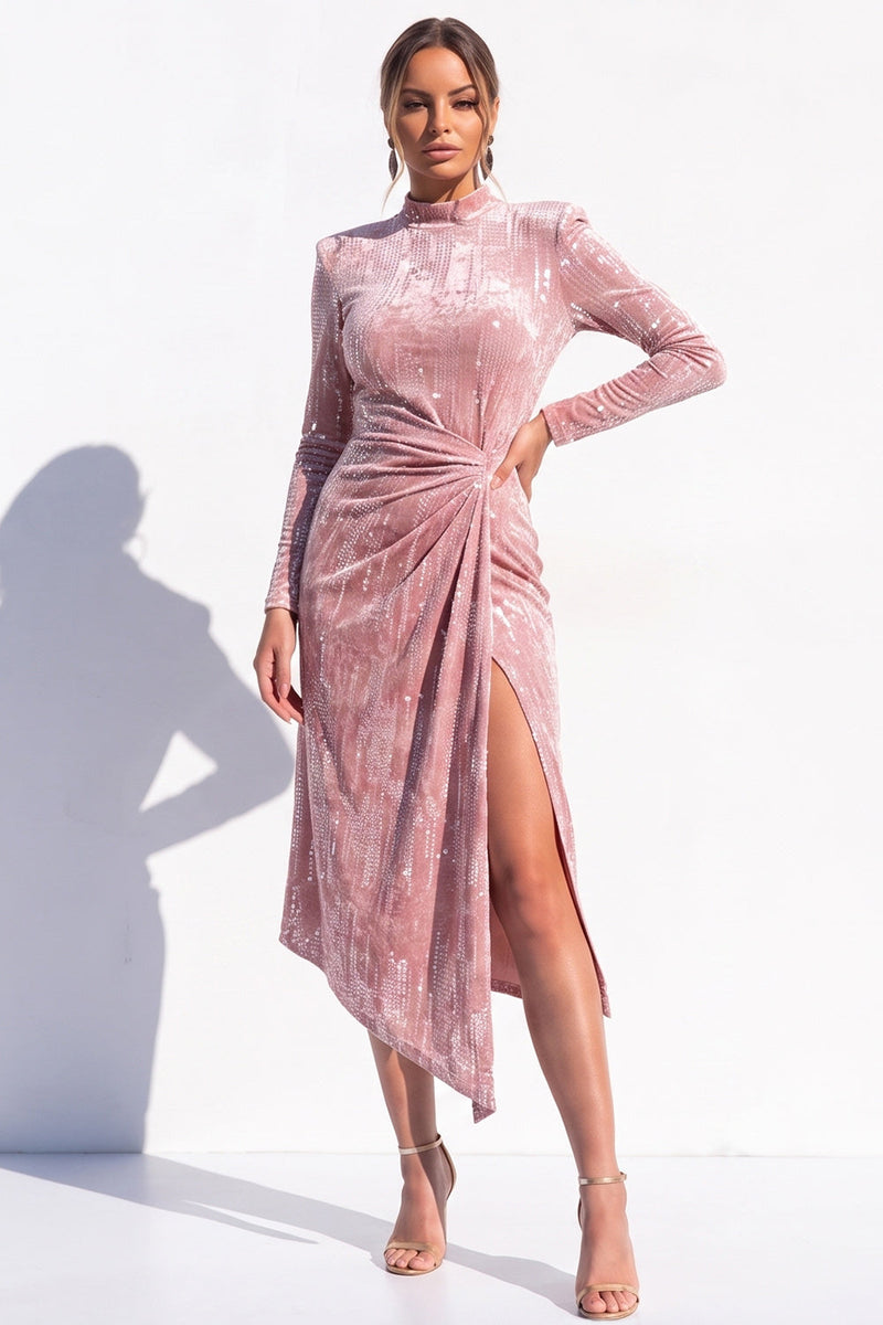 Load image into Gallery viewer, Pink Sparkly Sequin Velvet Bodycon High Neck Midi Work Dress with Slit