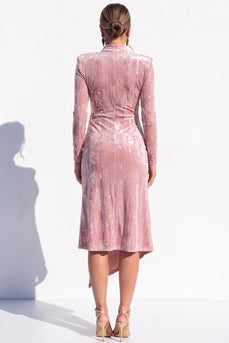 Pink Sparkly Sequin Velvet Bodycon High Neck Midi Work Dress with Slit
