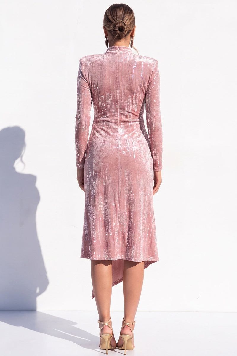 Load image into Gallery viewer, Pink Sparkly Sequin Velvet Bodycon High Neck Midi Work Dress with Slit