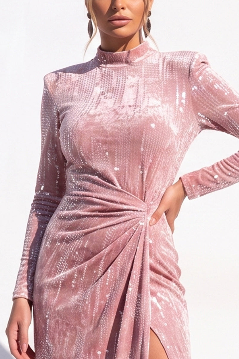Load image into Gallery viewer, Pink Sparkly Sequin Velvet Bodycon High Neck Midi Work Dress with Slit