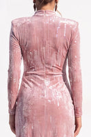Load image into Gallery viewer, Pink Sparkly Sequin Velvet Bodycon High Neck Midi Work Dress with Slit
