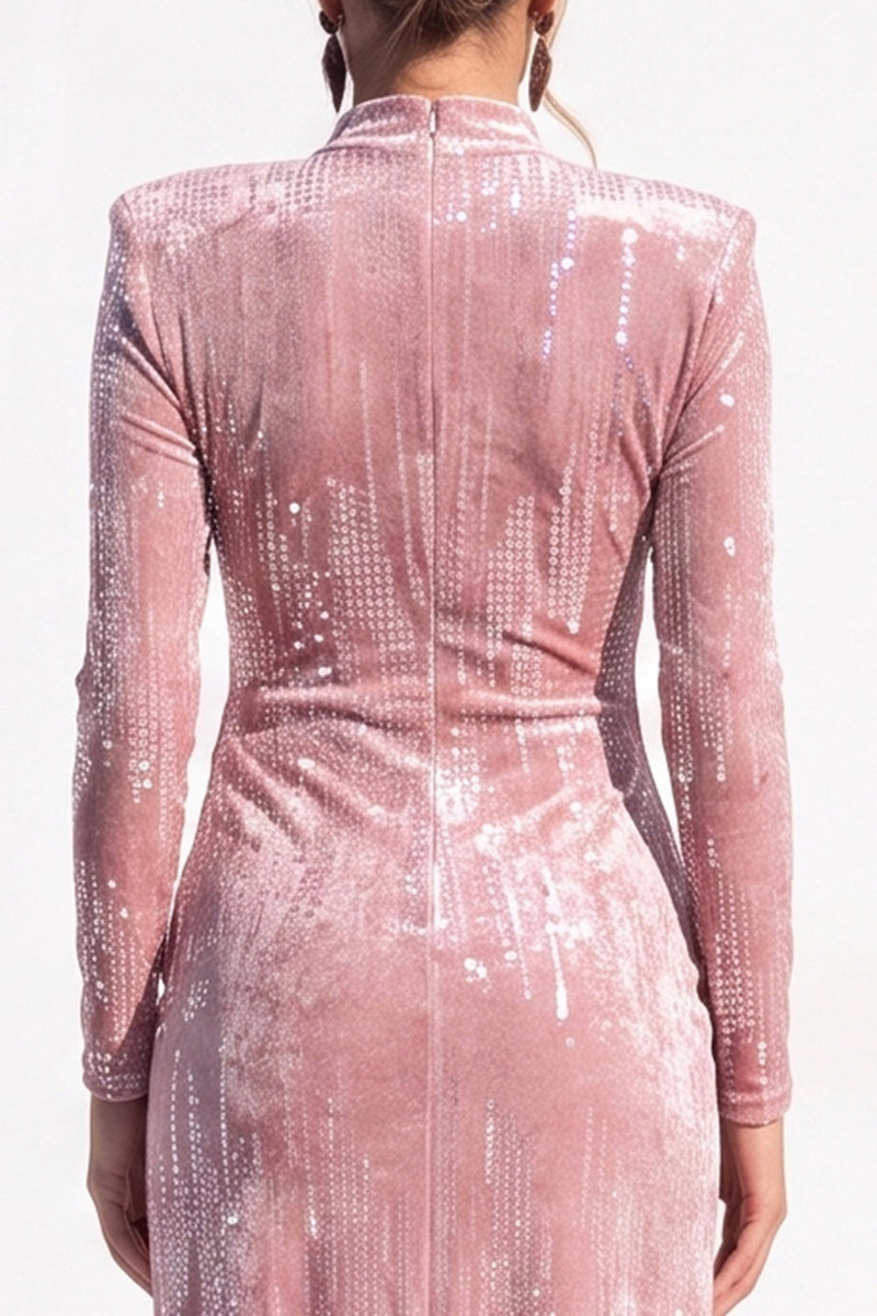 Load image into Gallery viewer, Pink Sparkly Sequin Velvet Bodycon High Neck Midi Work Dress with Slit