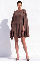 Load image into Gallery viewer, Grey A-Line Tweed Ruched Boat Neck Short Work Dress with Cape