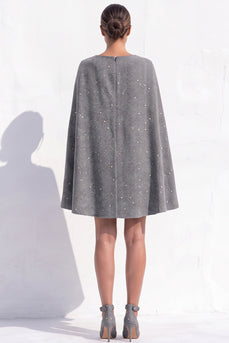 Grey A-Line Tweed Ruched Boat Neck Short Work Dress with Cape