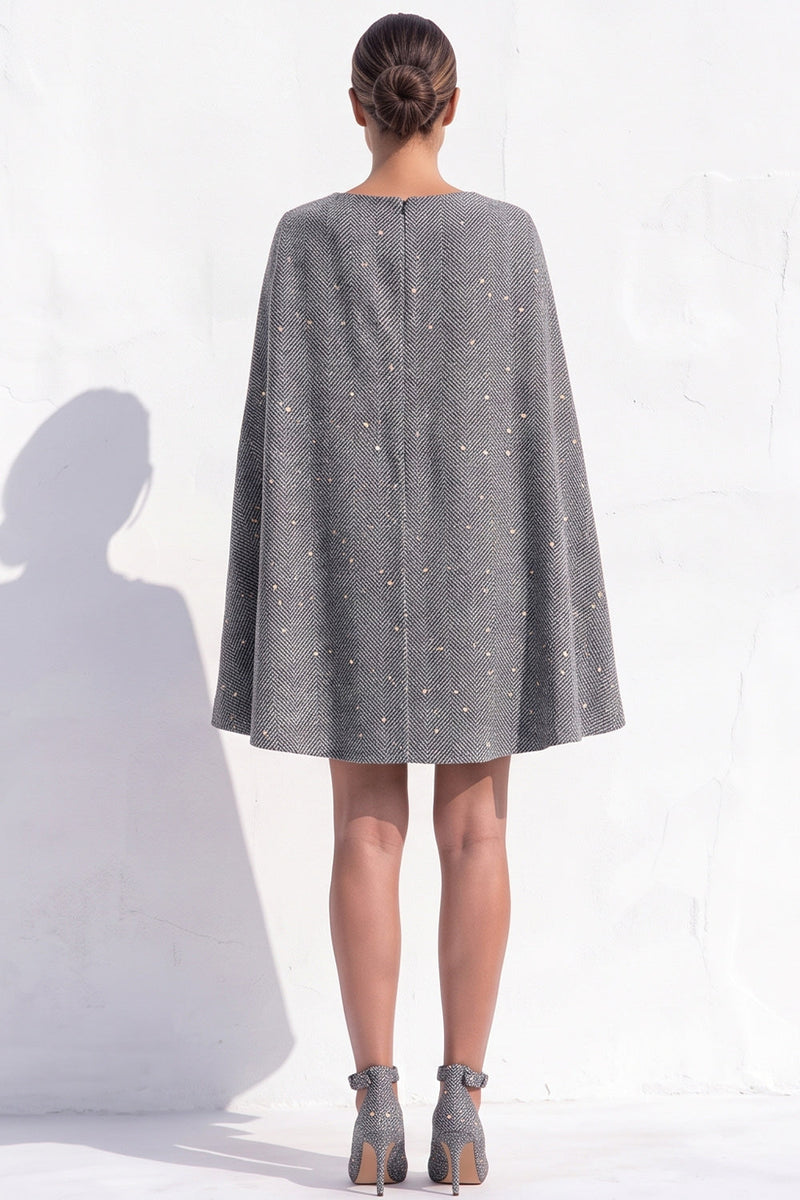 Load image into Gallery viewer, Grey A-Line Tweed Ruched Boat Neck Short Work Dress with Cape