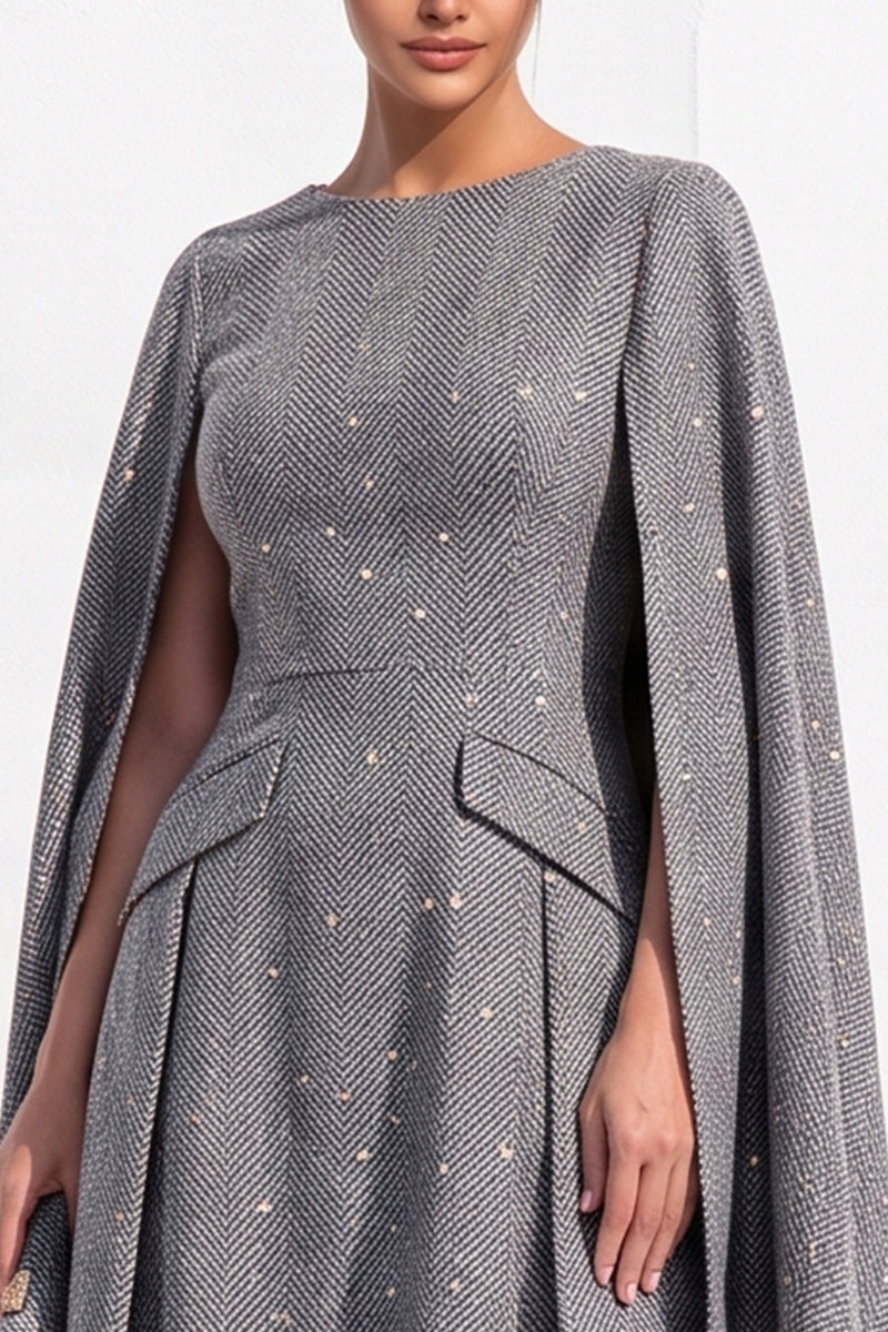 Load image into Gallery viewer, Grey A-Line Tweed Ruched Boat Neck Short Work Dress with Cape