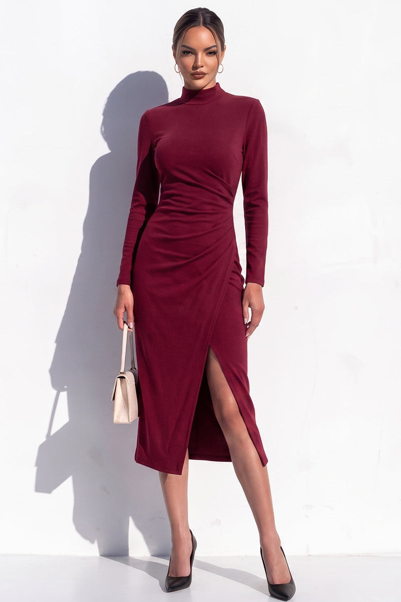 Load image into Gallery viewer, Blue High Neck Bodycon High Neck Ruched Midi Work Dress with Slit