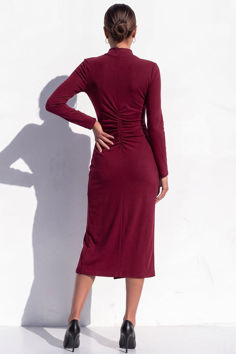 Load image into Gallery viewer, Blue High Neck Bodycon High Neck Ruched Midi Work Dress with Slit