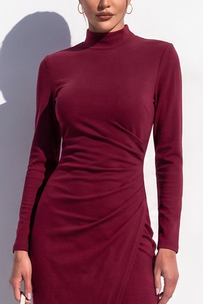Load image into Gallery viewer, Blue High Neck Bodycon High Neck Ruched Midi Work Dress with Slit