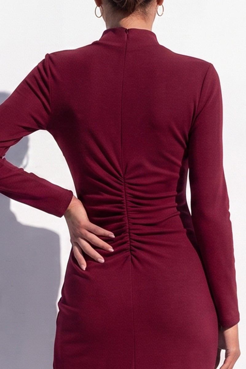Load image into Gallery viewer, Blue High Neck Bodycon High Neck Ruched Midi Work Dress with Slit