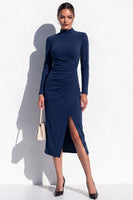 Load image into Gallery viewer, Blue High Neck Bodycon High Neck Ruched Midi Work Dress with Slit