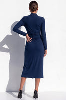 Load image into Gallery viewer, Blue High Neck Bodycon High Neck Ruched Midi Work Dress with Slit
