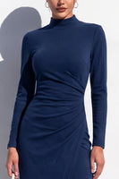 Load image into Gallery viewer, Blue High Neck Bodycon High Neck Ruched Midi Work Dress with Slit