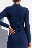 Load image into Gallery viewer, Blue High Neck Bodycon High Neck Ruched Midi Work Dress with Slit
