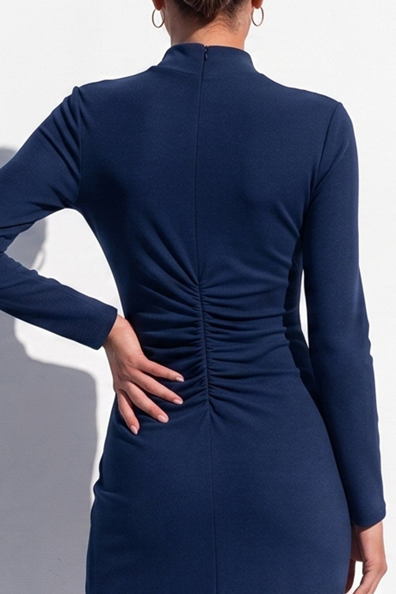 Load image into Gallery viewer, Blue High Neck Bodycon High Neck Ruched Midi Work Dress with Slit