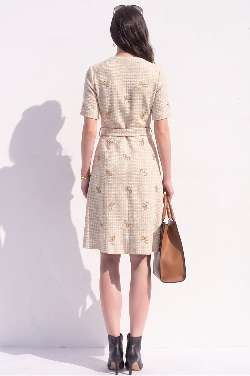 Load image into Gallery viewer, Tweed Yellow V-Neck Single Breasted A Line Midi Work Dress with Sash
