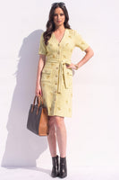 Load image into Gallery viewer, Tweed Yellow V-Neck Single Breasted A Line Midi Work Dress with Sash