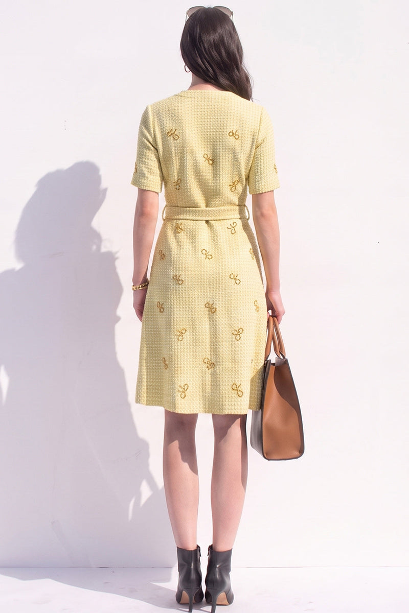 Load image into Gallery viewer, Tweed Yellow V-Neck Single Breasted A Line Midi Work Dress with Sash