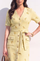 Load image into Gallery viewer, Tweed Yellow V-Neck Single Breasted A Line Midi Work Dress with Sash