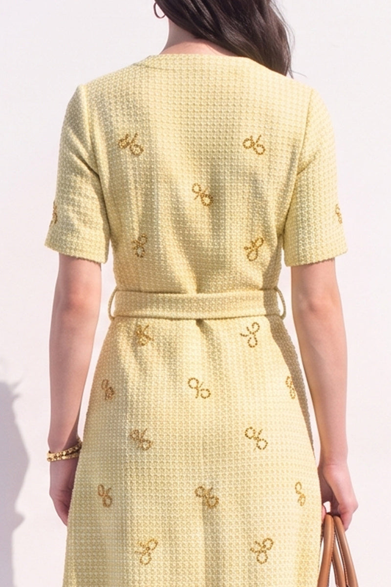 Load image into Gallery viewer, Tweed Yellow V-Neck Single Breasted A Line Midi Work Dress with Sash